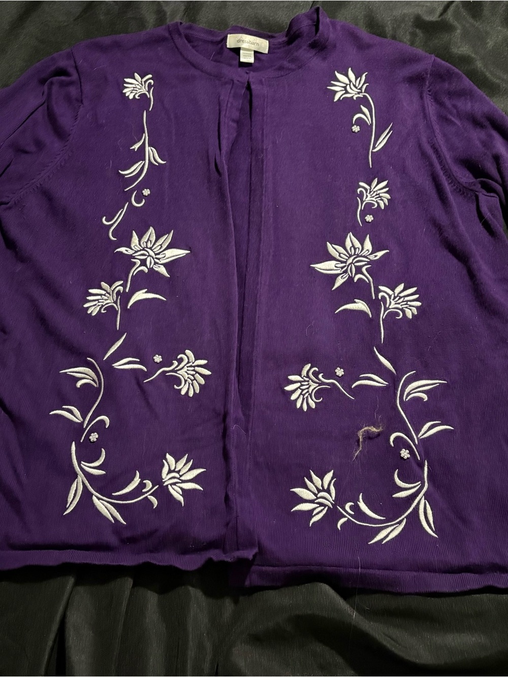 dressbarn Purple Cardigan with White Floral Embroidery